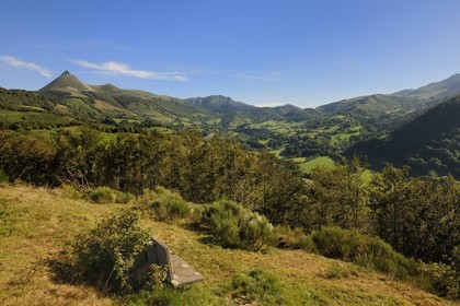 France, Cantal, Monts du Cantal, Parc Naturel Regional des Volcans d' Auvergne (Regional Nature Park of the Volcanoes of Auvergne), Saint Jacques des Blats on the Way of St. James to Santiago de Compostela by Via Arverna, the valley of the Cère and the Puy Griou (1694m)