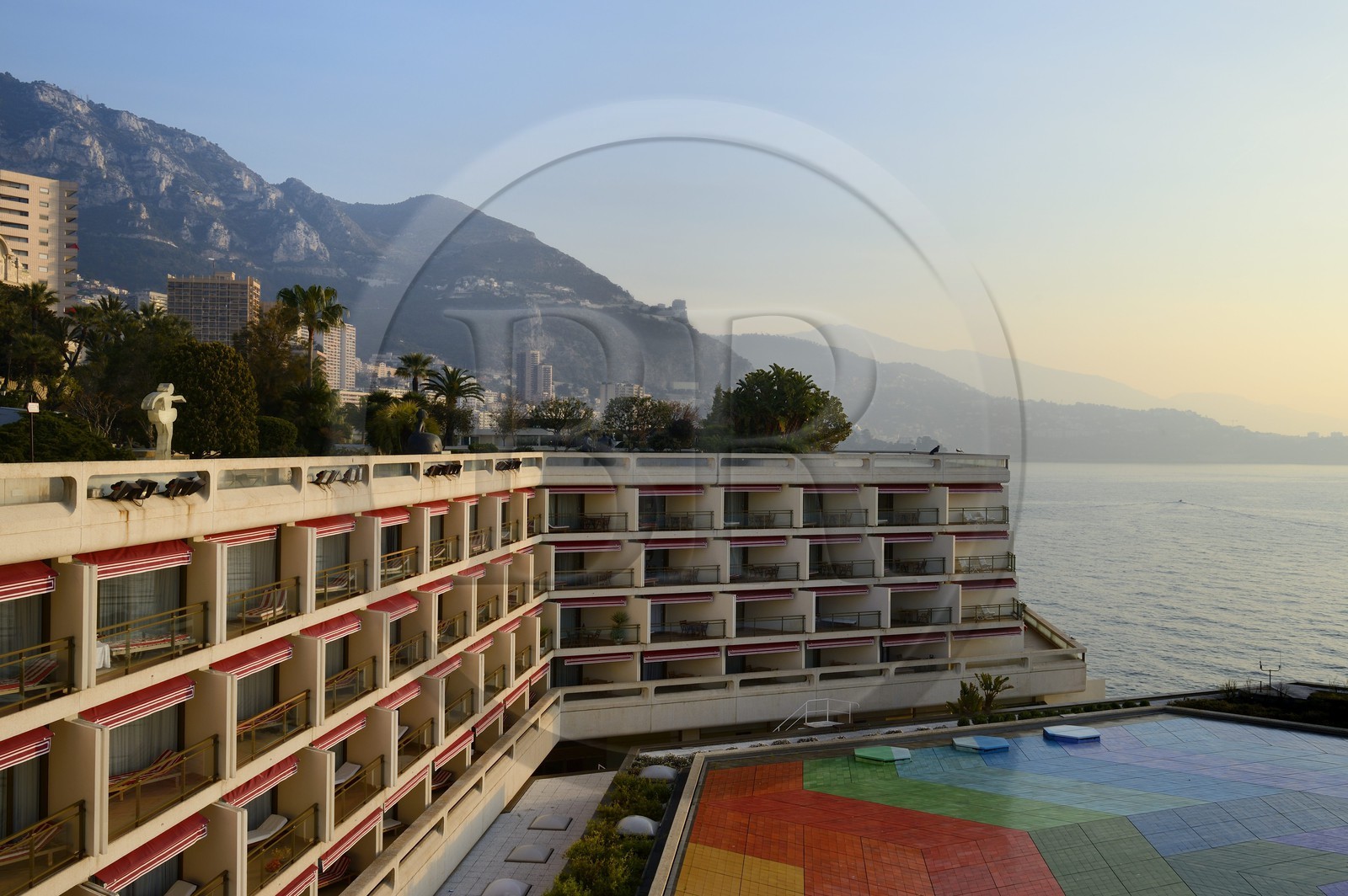 Principality of Monaco, Monaco, seagulls on the garden terrace of the Casino of Monte-Carlo, Hexa Grace is the tiled roof of Monaco's centre of congress done in 1979 by Victor Vasarely