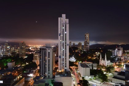 Panama, Panama City, downtown buildings in the ​​Marbella area and the church of the Carmen (iglesia del Carmen)