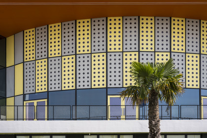 France, Charente-Maritime, Royan, the convention center (1957) designed by the architect-urban planner Claude Ferret and punctuated by the perforated yellow and gray aluminum panels of the Jean Prouvé workshops on the facade