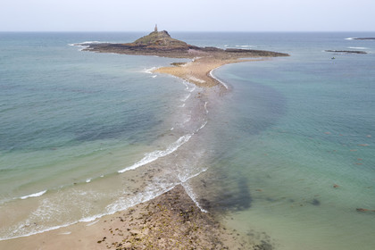 France, Cotes d'Armor, Grand Site de France Cap d'Erquy - Cap Frehel, Erquy, the Saint-Michel islet topped by the Saint-Michel chapel accessible on foot at low tide via a tombolo (aerial view)