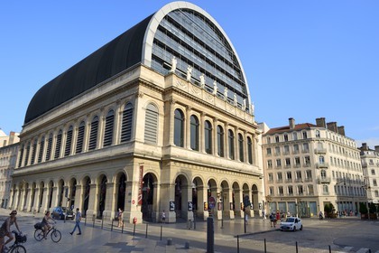 France, Rhone, Lyon, historic site listed as World Heritage by UNESCO, front of the building of the Opera de Lyon designed by architect Jean Nouvel, the Muses of the pediment