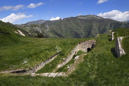 France, Alpes-Maritimes, the Fort de la Marguerie ou Fort Margheria (1842m) west from the Col (pass) de Tende, fortifications built by the Italians in 1883 and the Central Fort at the Col de Tende in the background