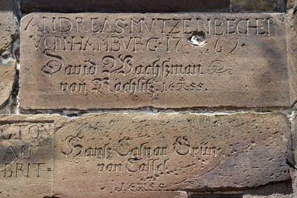 France, Bas Rhin, Strasbourg, old town listed as World Heritage by UNESCO, Notre Dame Cathedral, visitors having engraved in the sandstone of the octagonal tower their name in graffiti often by a guardian stonecutter