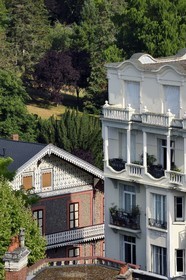 France, Allier (03), Vichy, the Napoleon III chalets, the Roses chalet on the left on the edge of the Napoleon III park which runs along the Allier, on the right art Deco style building at 102 boulevard des Etats-Unis