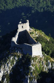 France, Ariege, Pays d' Olmes, Cathar Castle of Montsegur perched on rock (aerial view)