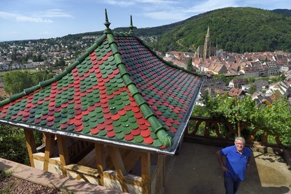 France, Haut Rhin, the Alsace Wine Route, Thann, Grand Cru vineyard of Rangen, winemaker Eugene Schnebelen owner of Clos de la Chapelle Saint-Urbain, gloriette in the vineyards