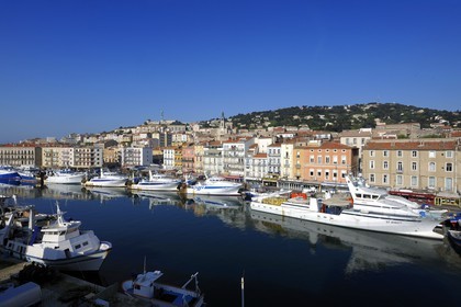 France, Herault, Sete, canal Royal (Royal Canal), tuna boat docked at the foot of Mont Saint Clair and the St. Louis decanal church