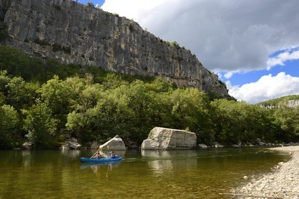 France, Ardeche, Ruoms, kayaks going down the Ardeche River in the Ruoms to Pradons Narrow Pass