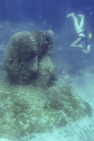 France, Alpes-Maritimes (06), Cannes, Iles de Lérins, Ile Sainte-Marguerite, snorkeling dans l’écomusée sous-marin formé de statues monumentales de l’artiste Jason deCaires Taylor, moulées selon les visages de 6 Cannois et immergées à une distance allant de 84 à 132 mètres du rivage pour une profondeur de 3 à 5 mètres