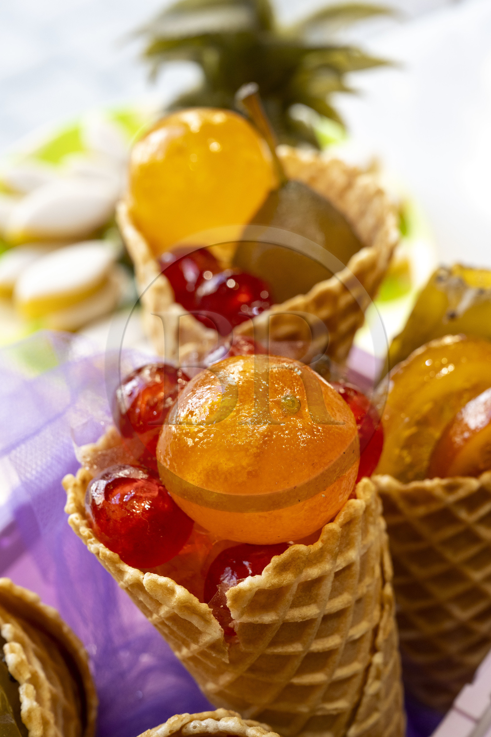 France, Bouches du Rhone, Regional Natural Park of the Alpilles, Saint Remy de Provence, Maison Lilamand, traditional confectionery of candied fruits and calissons, made with pear, prickly pear, orange, cherry and clementine