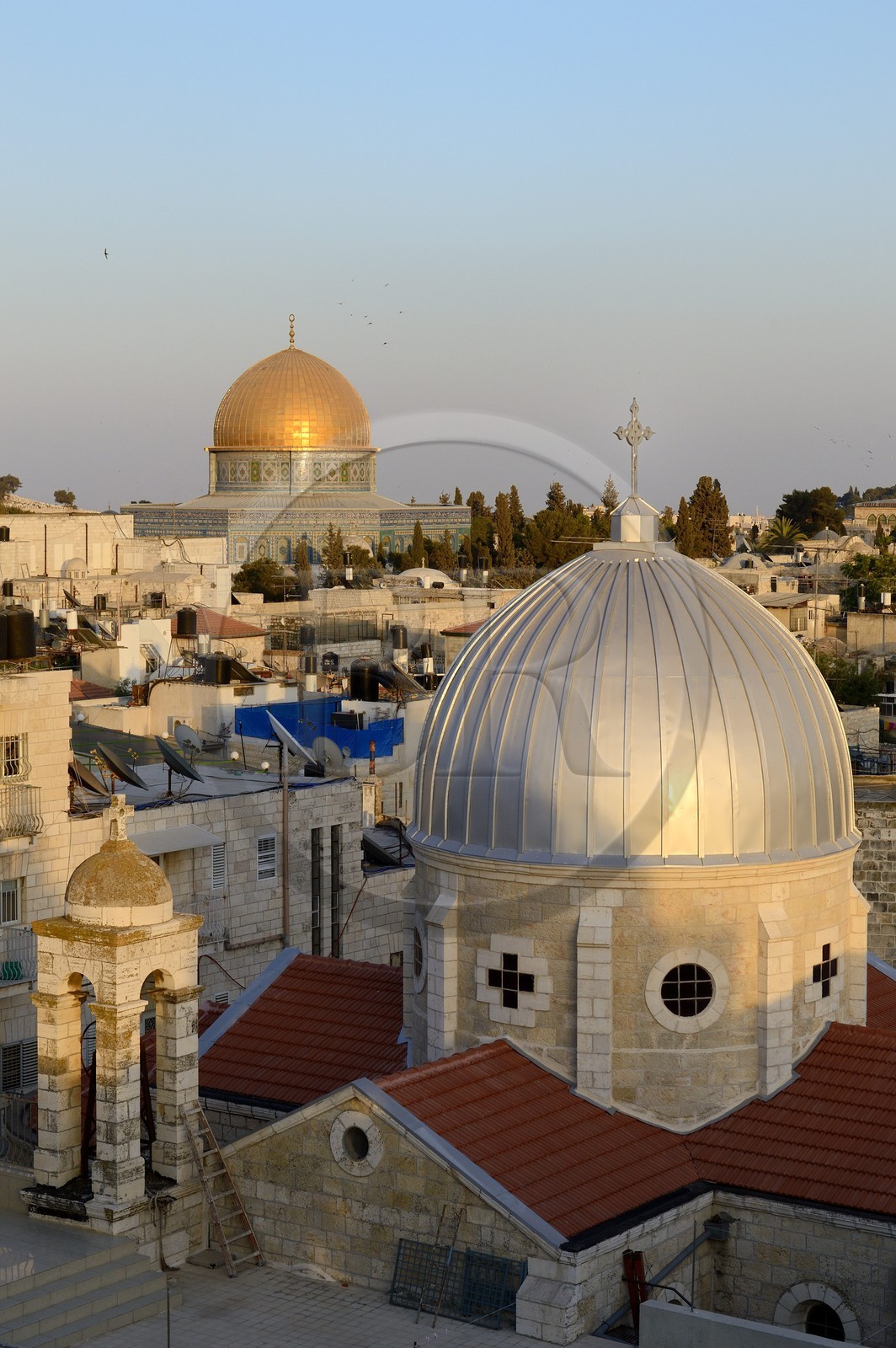 Israel, Jérusalem, ville sainte, vieille-ville classée Patrimoine Mondial de l'UNESCO, les toits du quartier musulman,  l'église Notre-Dame du Spasme et le Dome du Rocher en arrière plan