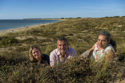 France, Charente Maritime, Oleron island, Saint Georges d'Oléron, Chaucre beach, agronomist Ethel Gauthier  right with Anne-Cécile and Christophe Amigorena, the creators of Melifera Gin, everlasting flower (helichrysum stoechas) in the foreground
