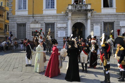 Italy, Liguria, Sarzana, Napoleon Festival, Napoleon and his suite in front of the Palazzo Roderio on the Piazza Matteotti