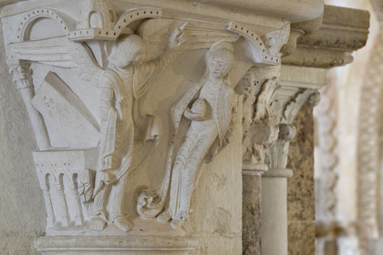 France, Yonne, regional natural park of Morvan, Vézelay, a UNESCO World Heritage site, labelled Les Plus Beaux Villages de France, starting point of one of the main ways to Santiago de Compostela, the Basilica of Saint Mary Magdalene, capital of the narthex (12th century), representation of the holy women who come to embalm the body of Christ but the tomb is empty