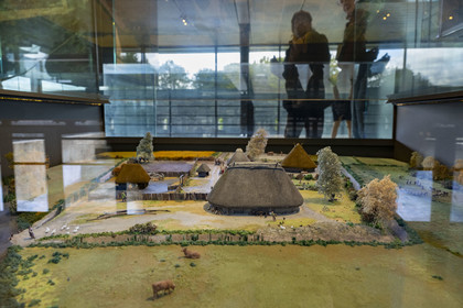 France, Saone et Loire, regional natural park of Morvan, Saint Leger sous Beuvray, oppidum of Bibracte, capital of the Celtic people of the Aedui, archaeological site on Mount Beuvray, the Celtic Civilization Museum on Mount Beuvray, model of a Gallic farm from the 2nd century BC