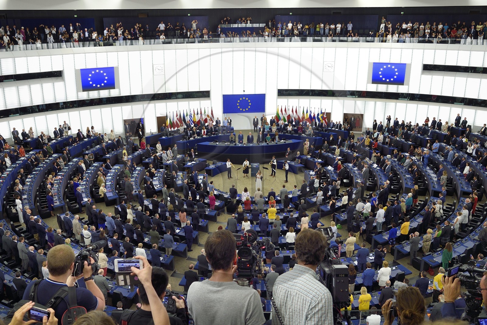 France, Bas-Rhin (67), Strasbourg, quartier européen, le Parlement européen, l'hémicycle du batiment Louise-Weiss lors de la session plénière inaugurale du nouveau Parlement européen le 2 juillet 2019