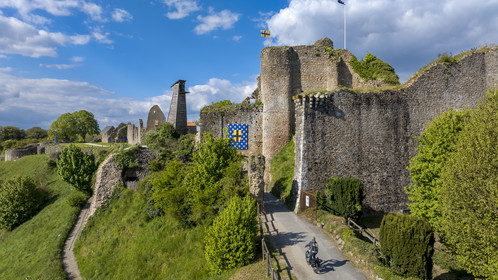 France, Vendee, Tiffauges, the castle of Tiffauges, old castle in ruins where Gilles de Rais resided, bike ride (aerial view)