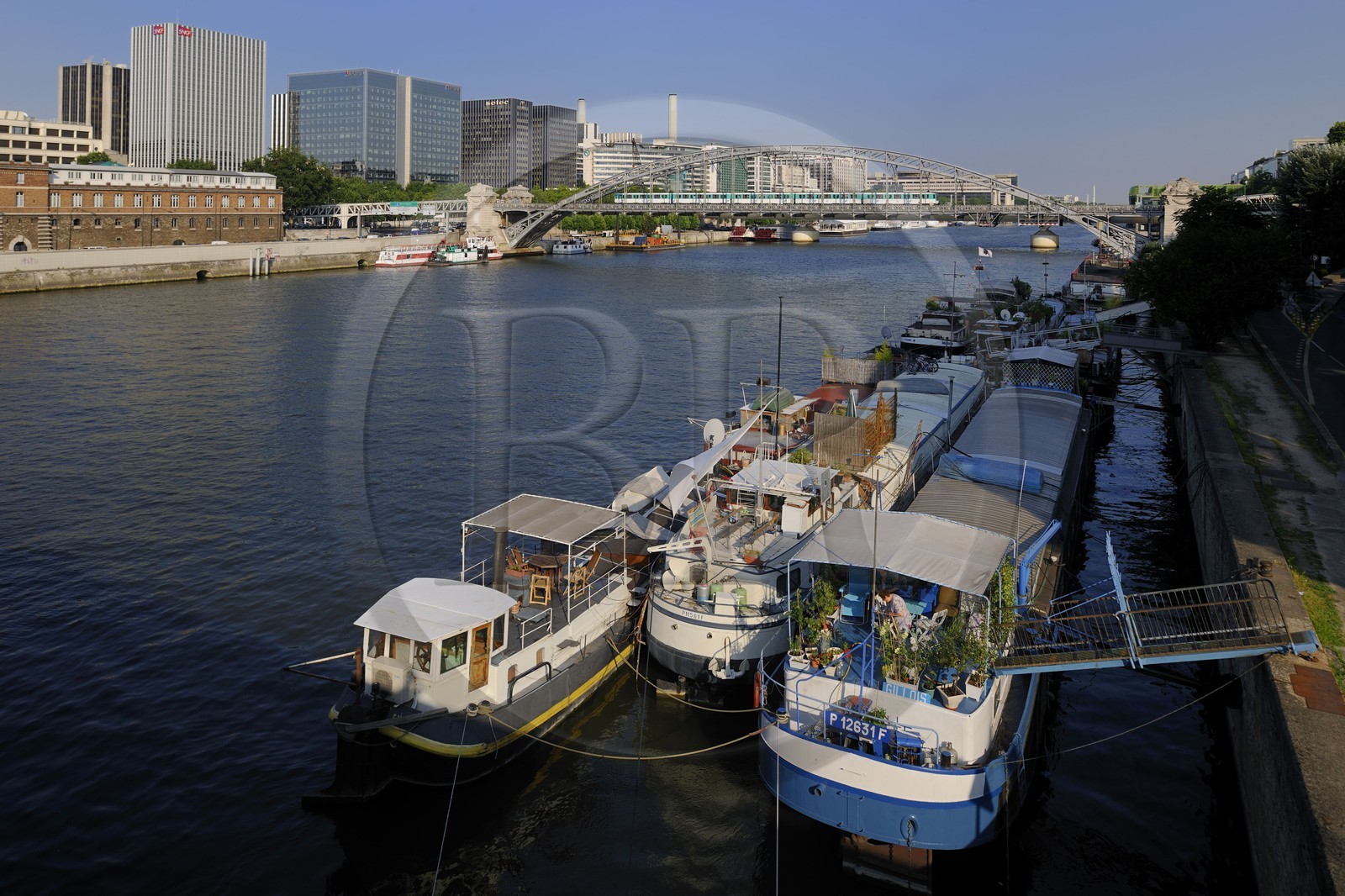 France, Paris (75), les rives de la Seine, classées Patrimoine Mondial de l'UNESCO, péniches amarées au port d'Austerlitz et metro aérien