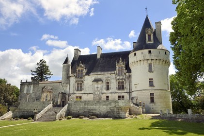 France, Charente-Maritime, Saintonge, Crazannes, chateau de Crazannes, the north facade adorned with flamboyant style sculptures and the cylindrical tower with machicolations topped with a very pointed pepperbox