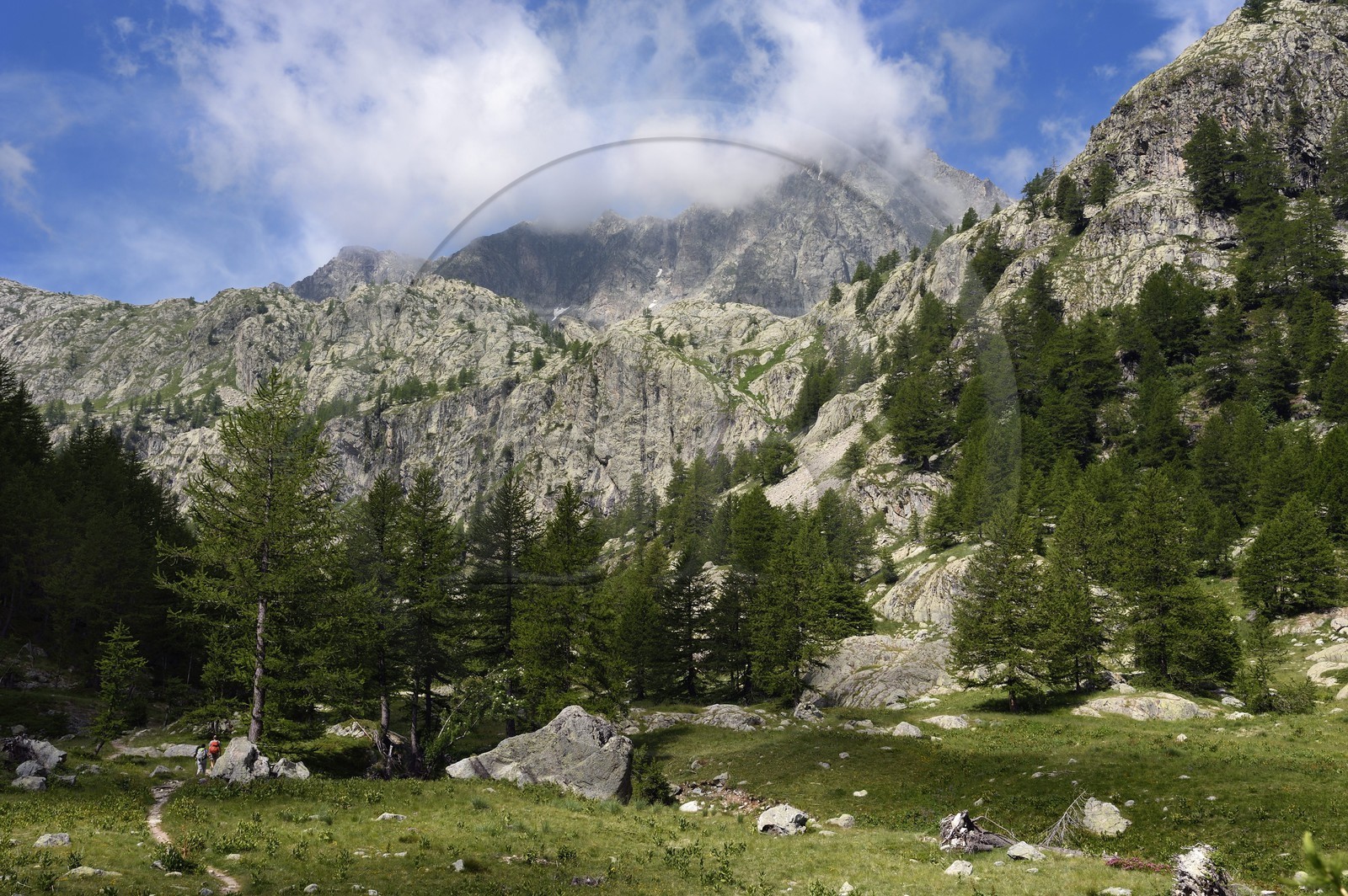 France, Alpes-Maritimes (06), parc national du Mercantour, randonneurs sur le sentier de randonnée de la vallée de la Valmasque, sommets de la haute Valmasque et la cime de l'Agnel (2927m)
