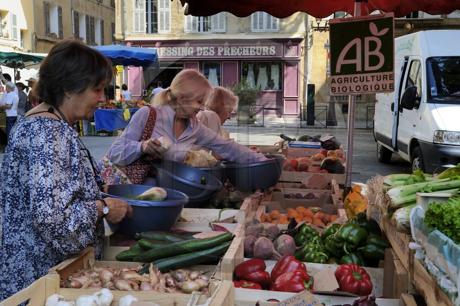 France, Bouches-du-Rhône (13), Aix-en-Provence, marché place de l'Hôtel de ville, étal de fruits et légumes bio