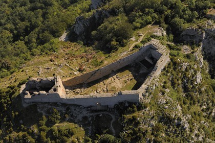 France, Ariege, Pays d' Olmes, Cathar Castle of Montsegur perched on a rock (aerial view)..