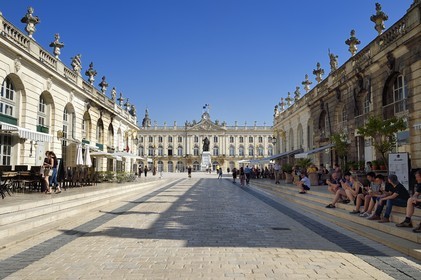 France, Meurthe-et-Moselle, Nancy, Place Stanislas (former Place Royale) built by Stanislas Leszczynski (represented by the statue) in the 18th century, listed as World Heritage by UNESCO, the City Hall in the background