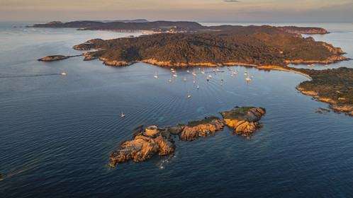 France, Var, Iles d'Hyeres, Parc National de Port Cros (National park of Port Cros), Porquerolles island, the 17th century Fort du Petit Langoustier on its island and Porquerolles in the background (aerial view)