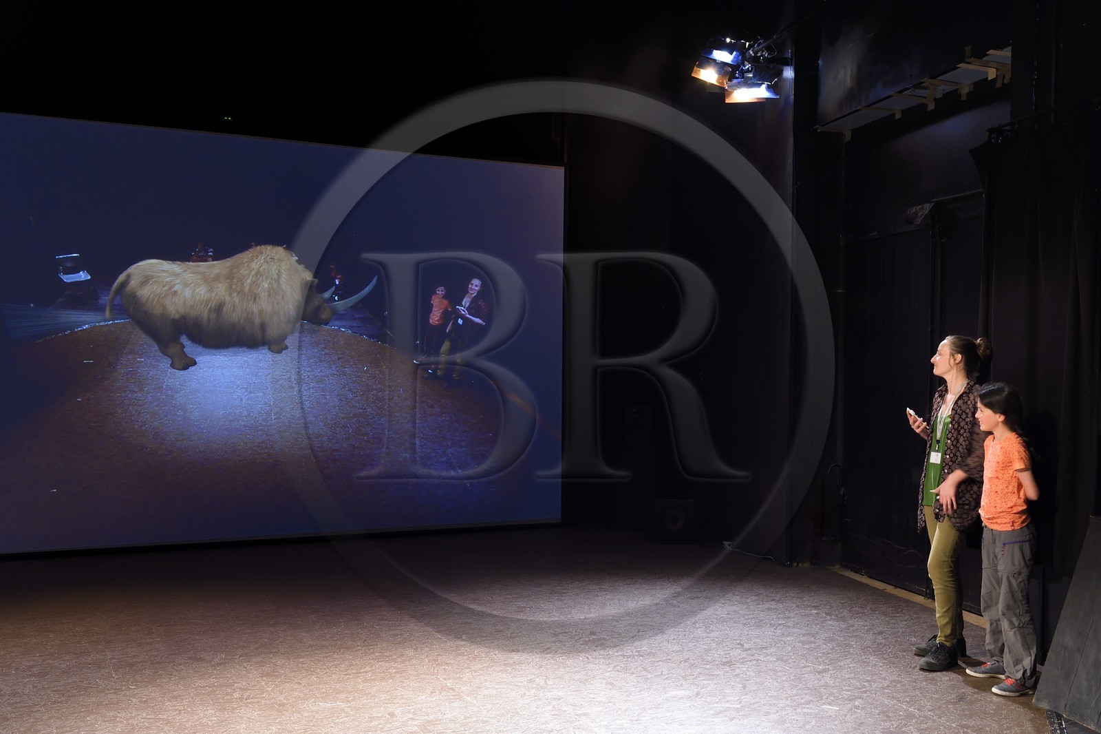 France, Dordogne (24), Perigord Noir, vallée de la Vézère, Thonac, Le Thot, espace Cro-Magnon, le miroir temporel, animation de réalité augmentée, les visiteurs se retrouvent face à des animaux disparus tels qu'un rhinocéros laineux