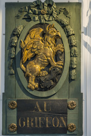 France, Paris, Marais district, Carnavalet Museum, Paris sign room, Au griffon (the Griffin), furniture merchant's sign formerly on rue du Faubourg Saint-Antoine (18th century)