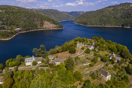 France, Aveyron, peninsula of Laussac, reservoir of the Sarrans dam (aerial view)