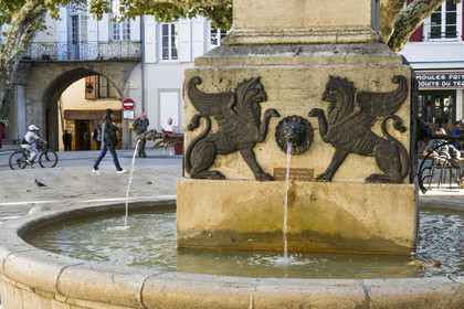 France, Aveyron, Millau, the lion fountain place du Marechal Foch