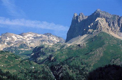 France, Hautes Alpes, mount Thabor and the Grand Seru overlook the Vallee Etroite (narrow valley) north of Briancon