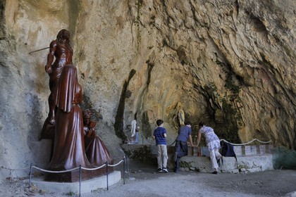 France, Pyrenees Orientales, Gorges de Galamus, Saint Antoine of Galamus hermitage, chapel housed in the natural cave