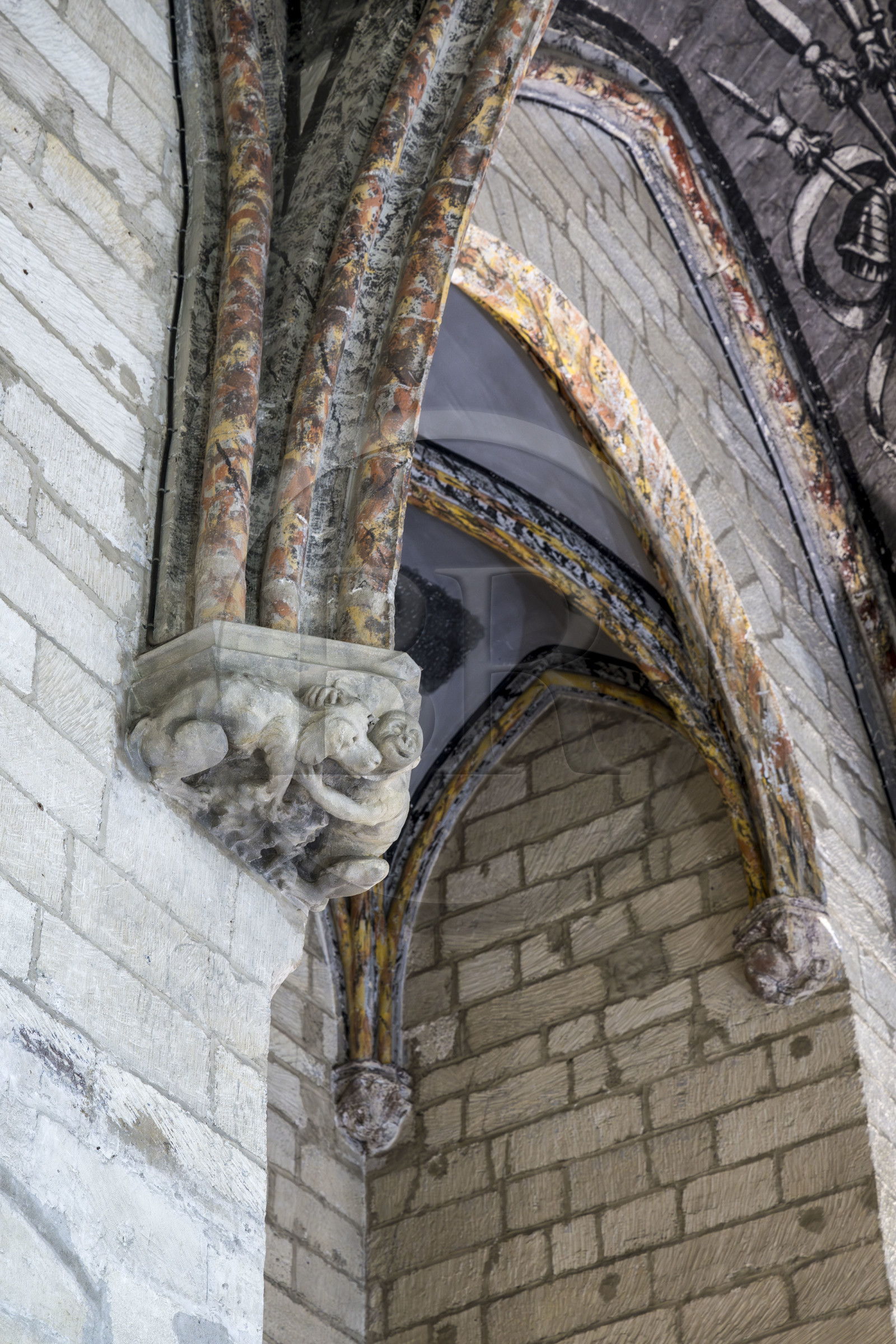 France, Vaucluse (84), Avignon, Palais des Papes classé Patrimoine mondial de l'UNESCO, salle de la Petite Audience dans le Palais Neuf, cul-de-lampe du XIVème siècle représentant un chien symbole de fidélité à la religion