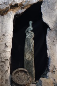 Zimbabwe, Masvingo province, the archaeological site of Great Zimbabwe museum, UNESCO World Heritage List, tall poles each surmounted by a soapstone bird performing a ritual function and found in the Hill Complex eastern enclosure, this bird has become the symbol of the nation