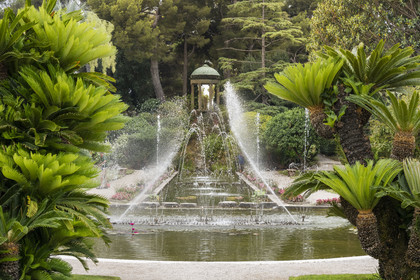 France, Alpes-Maritimes, Saint Jean Cap Ferrat, Villa and Gardens Ephrussi de Rothschild, the large basin with water games overlooked by the temple of Love