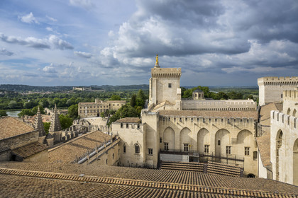 France, Vaucluse, Avignon, Palais des Papes (Palace of the Popes) listed as World heritage by UNESCO, Fort Saint-André in Villeneuve les Avignon in the background