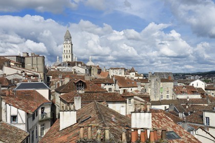France, Dordogne, White Perigord, Perigueux, view from the Mataguerre tower over the rooftops of the old town and Saint Front Cathedral, stop on Route of Santiago de Compostela listed as World Heritage by UNESCO