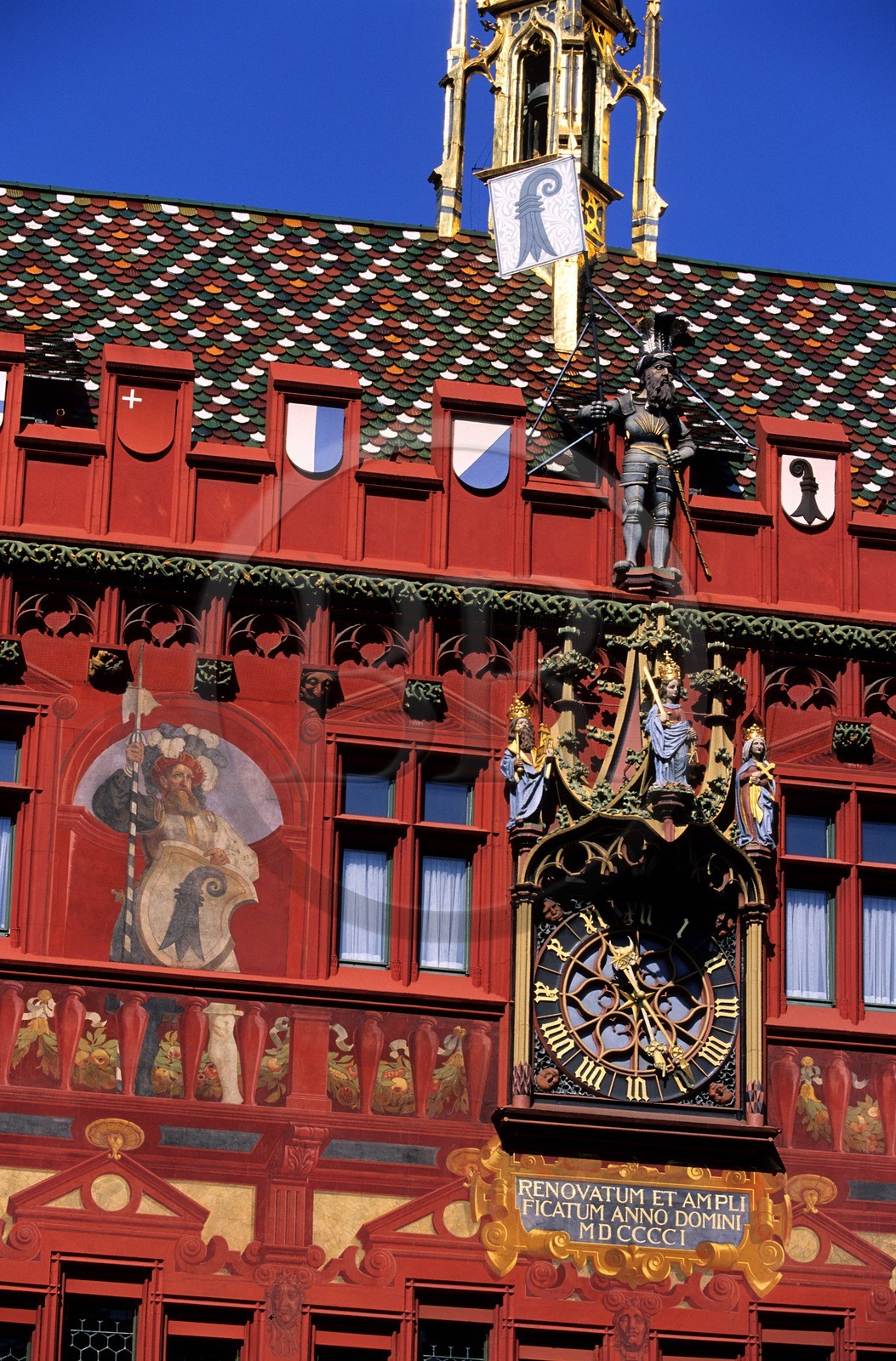 Suisse, Bâle, Marktplatz, détail de la façade de l' Hôtel de ville
