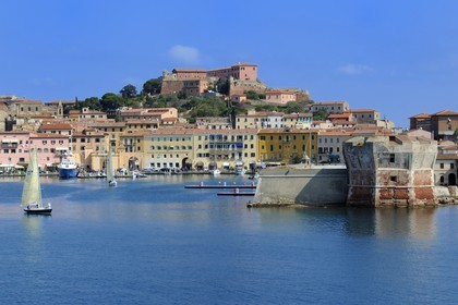 Italy, Tuscany, Elba Island, Portoferraio, the Fort Stella in the old town and the Torre del Martello Tower at the entrance of the port