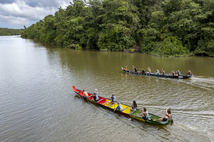 France, French Guiana, Kourou, Camp Maripas, race of two P12 pirogue (traditional Guyanese pirogue adapted in resin) on the Kourou River (aerial view)