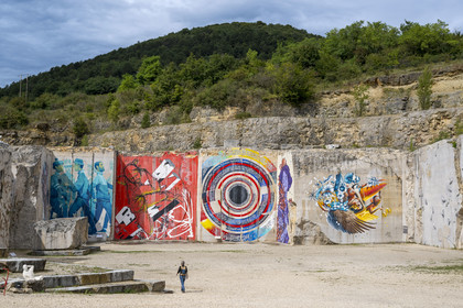 France, Cote d'Or, Villars Fontaine, La Karriere, street art frescoes in a former Burgundy stone quarry (aerial view)