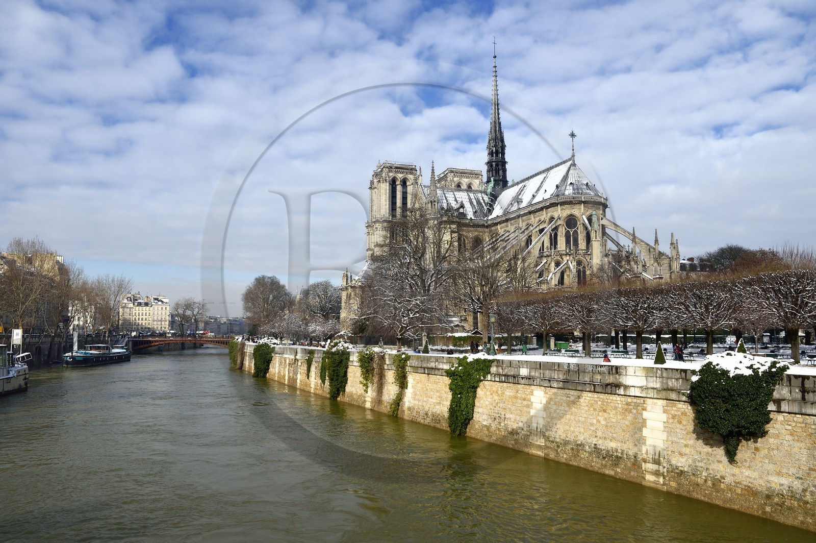 France, Paris (75), les rives de la Seine, classées Patrimoine Mondial de l'UNESCO, la Seine en crue et la Cathédrale Notre-Dame sous la neige sur l'Ile de la Cité et le quai de l'Archevêché
