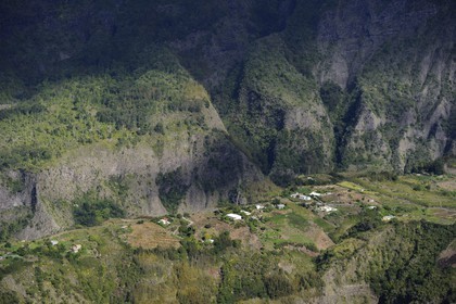 France, Reunion island (French overseas department), cirque of Cilaos, listed as World Heritage by UNESCO, the end of the small perched village of Ilet à Cordes (aerial view)