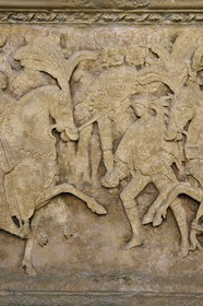 France, Seine Maritime, Rouen, place de la Pucelle, Hôtel de Bourgtheroulde was built in the first half of the sixteenth century by Guillaume Le Roux, fresco in bas-relief on the Gallery of Aumale representing the meeting of the camp of the Drap d'Or between the french King Francois I and the King of England Henry VIII