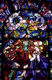 France, Ille-et-Vilaine (35), église de Trehorenteuc, vitrail de la quête du Graal