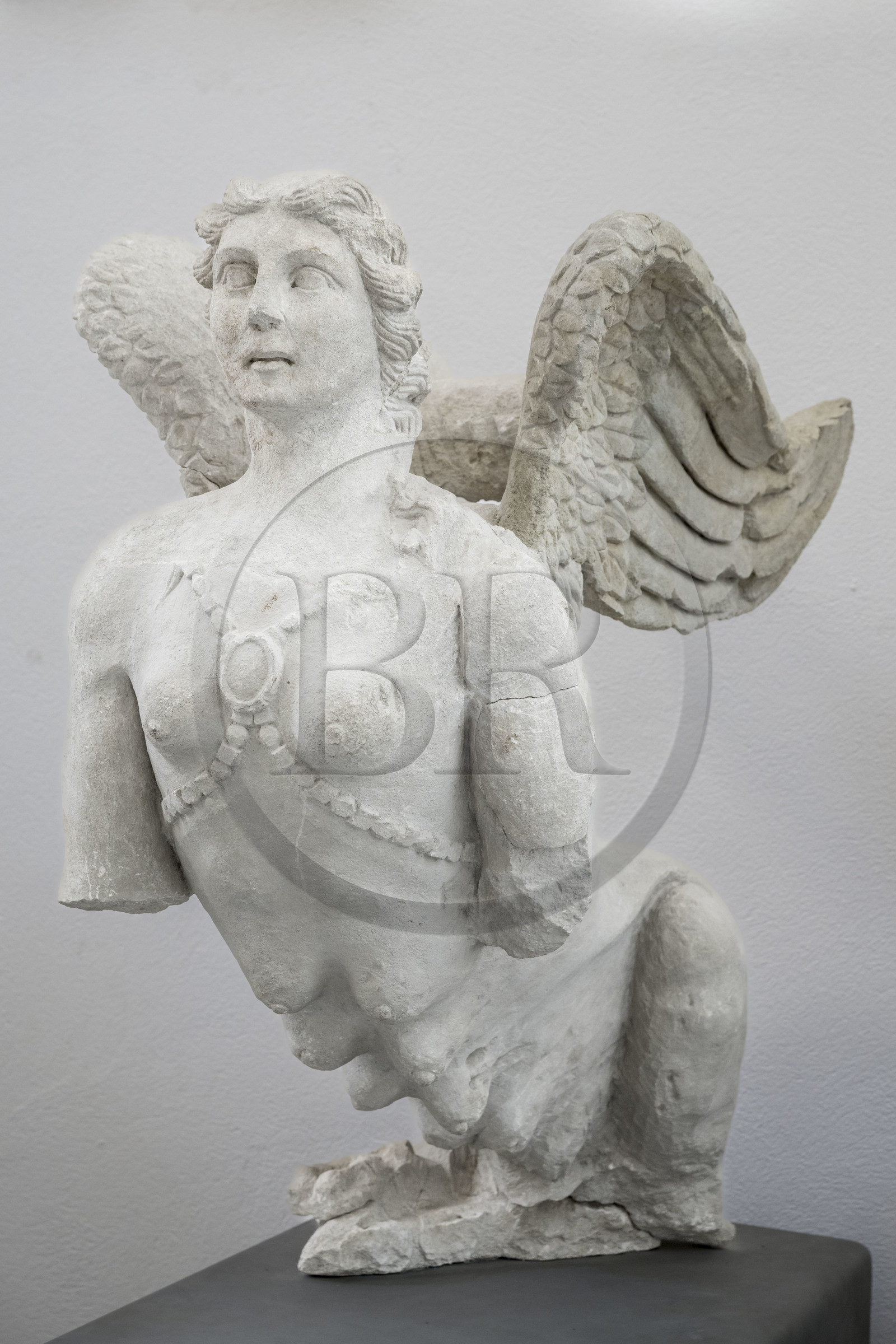 France, Vaucluse (84), Orange, le musée municipal d'art et d'histoire, sphinge (fin du Ier siècle av. J.-C.) au corps ailé avec une tête et un buste de femme ainsi qu'un arrière train et des pattes de lionne, placé sur un mausolé