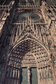 France, Bas Rhin, Strasbourg, old town listed as World Heritage by UNESCO, Notre Dame Cathedral, the western facade, the central portal called of the Virgin and the Prophets and the big Rose Window